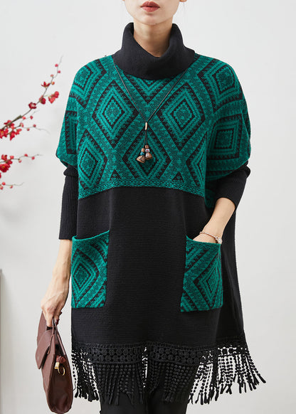 Peacock Green Tasseled Patchwork Knit Mid Dress Spring