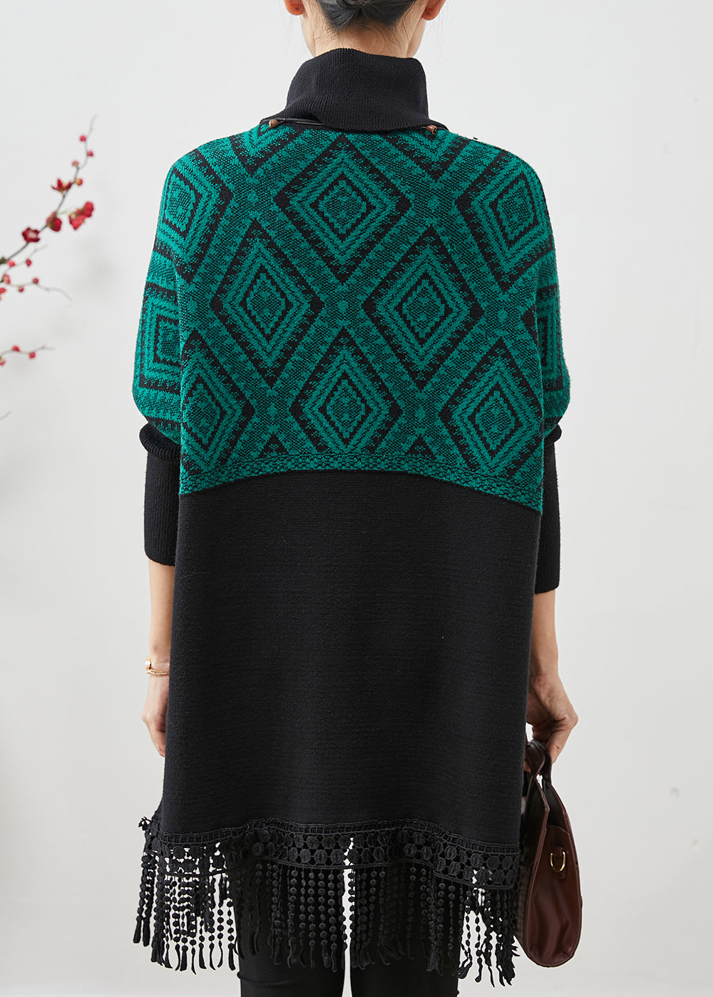Peacock Green Tasseled Patchwork Knit Mid Dress Spring