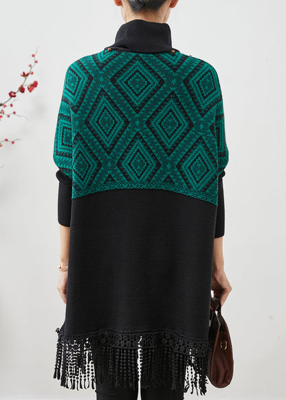 Peacock Green Tasseled Patchwork Knit Mid Dress Spring
