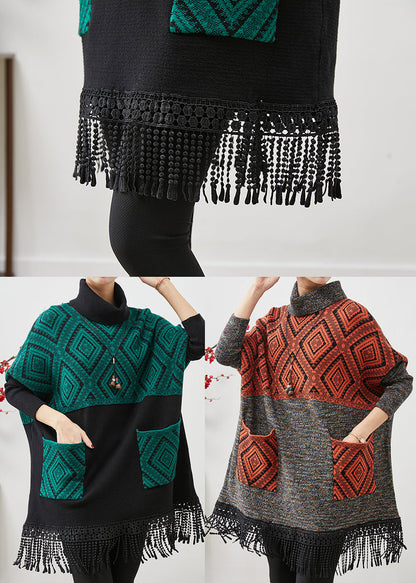Peacock Green Tasseled Patchwork Knit Mid Dress Spring
