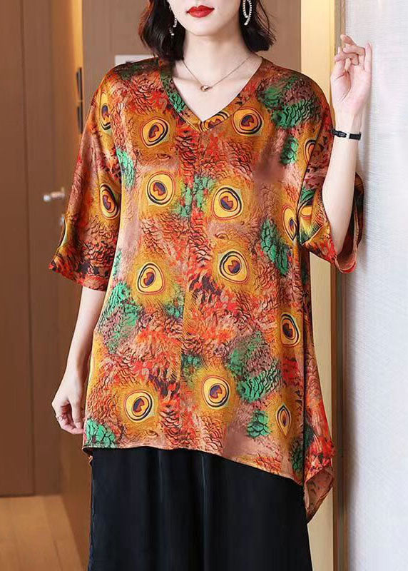 Peacock Print V Neck Patchwork Silk Shirt Top Summer