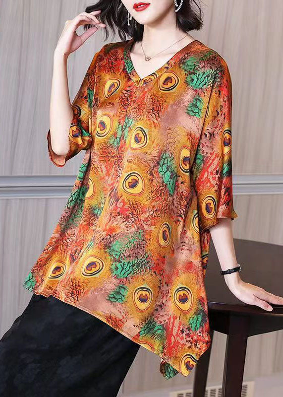 Peacock Print V Neck Patchwork Silk Shirt Top Summer