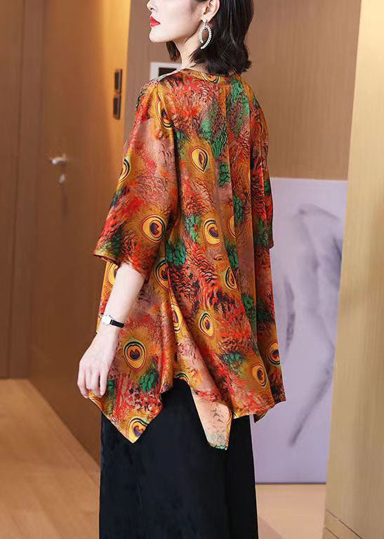 Peacock Print V Neck Patchwork Silk Shirt Top Summer