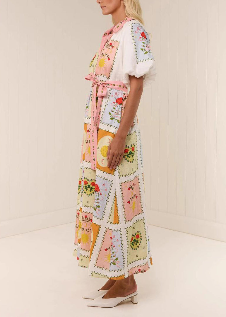 Peter Pan Collar Tie Waist Maxi Shirts Dress Short Sleeve
