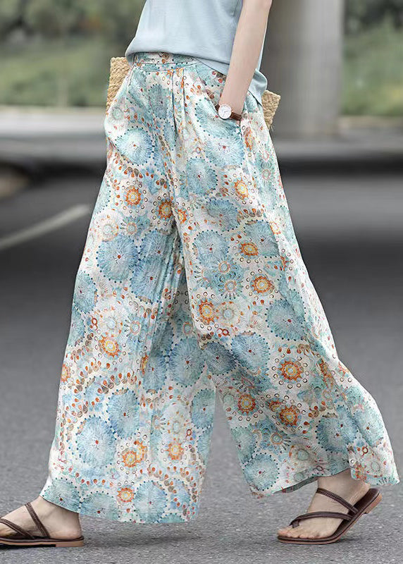 Photo Color Pockets Print Linen Wide Leg Pants Summer