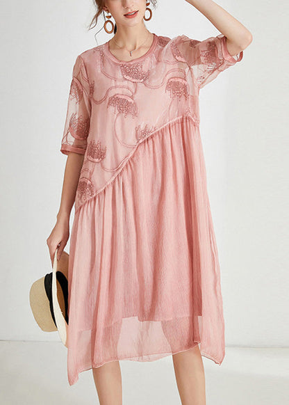 Pink Embroidered Chiffon Maxi Dress Short Sleeve