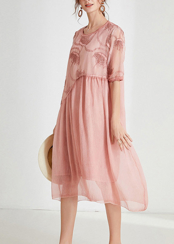 Pink Embroidered Chiffon Maxi Dress Short Sleeve