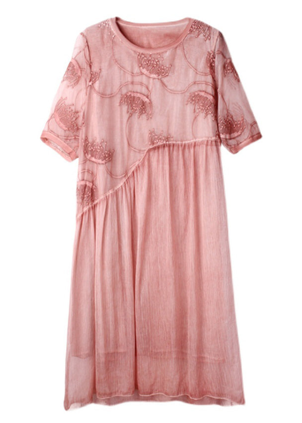 Pink Embroidered Chiffon Maxi Dress Short Sleeve