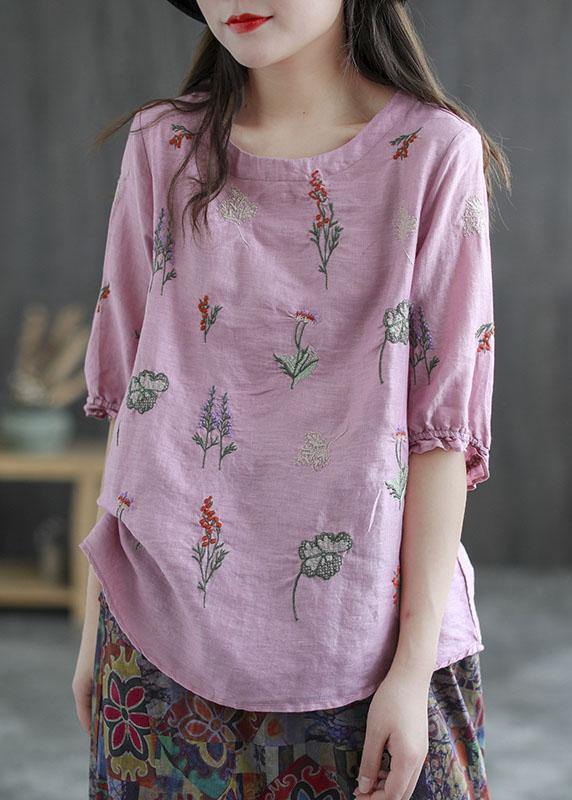 Green Bamboo Embroidered O-neck Half Sleeve Ramie Blouses Summer