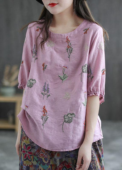 Pink Embroideried O-neck Half Sleeve Ramie Blouses Summer
