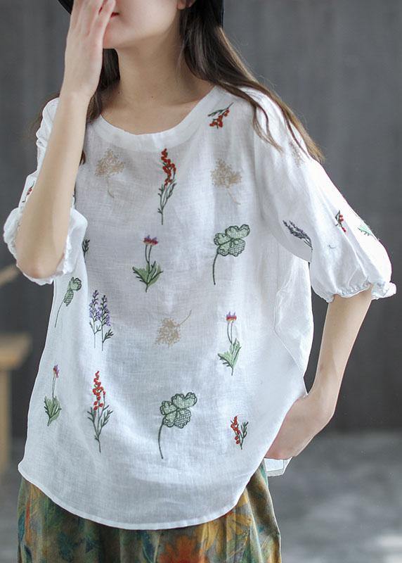 White Stripes Embroidered O-neck Half Sleeve Ramie Blouses Summer