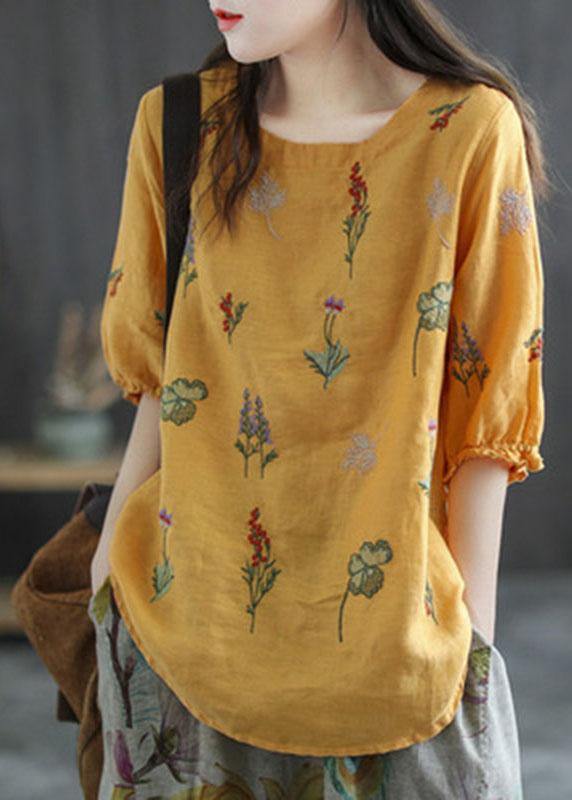 Green Bamboo Embroidered O-neck Half Sleeve Ramie Blouses Summer