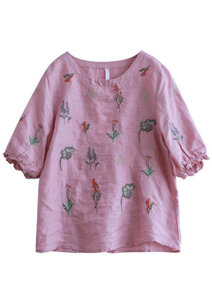 Green Bamboo Embroidered O-neck Half Sleeve Ramie Blouses Summer