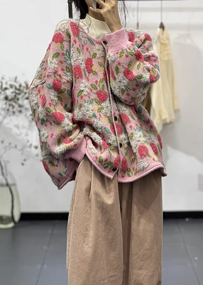 Pink O Neck Button Jacquard Cozy Knit Cardigan Fall
