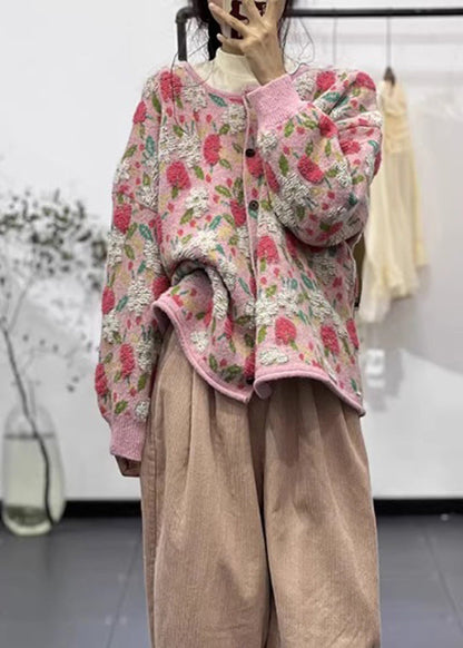 Pink O Neck Button Jacquard Cozy Knit Cardigan Fall