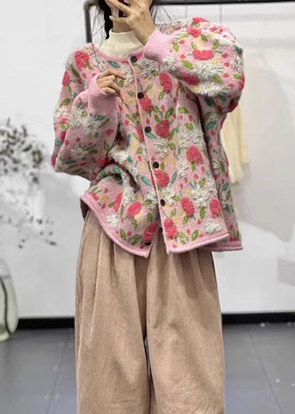 Pink O Neck Button Jacquard Cozy Knit Cardigan Fall