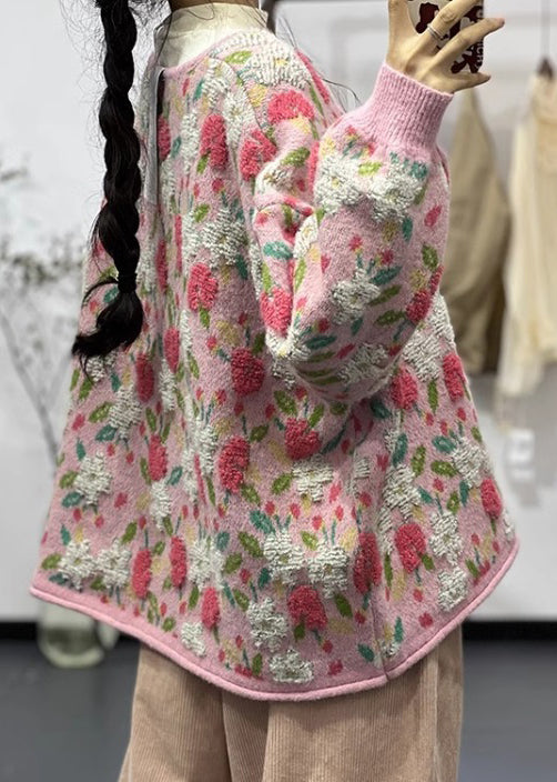Pink O Neck Button Jacquard Cozy Knit Cardigan Fall