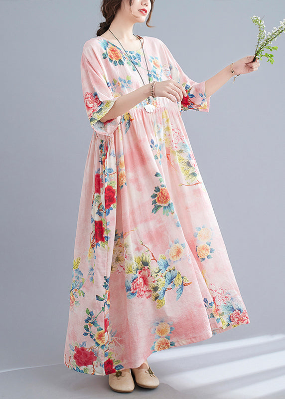 Pink O-neck Cinched Print Beach Dress Short Sleeve