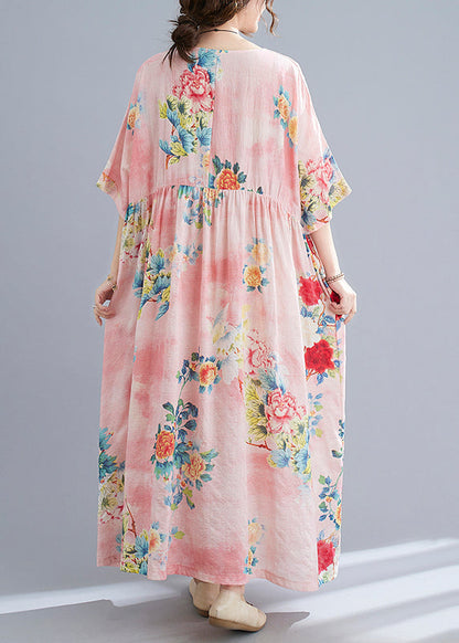 Pink O-neck Cinched Print Beach Dress Short Sleeve