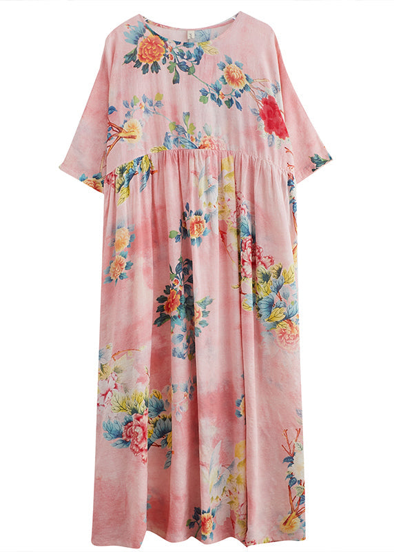 Pink O-neck Cinched Print Beach Dress Short Sleeve