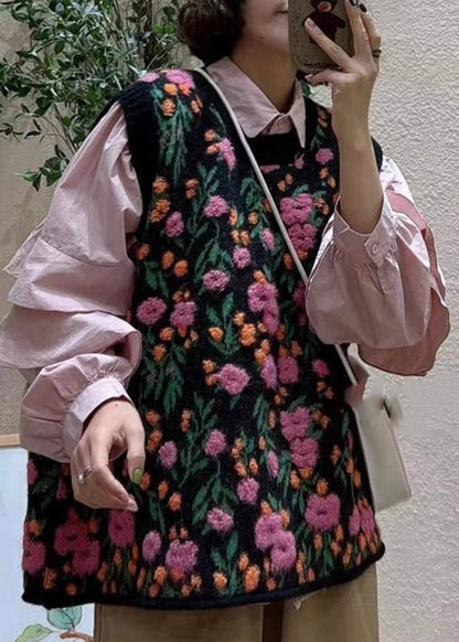 Pink O-neck Embroideried Knit Waistcoat Sleeveless