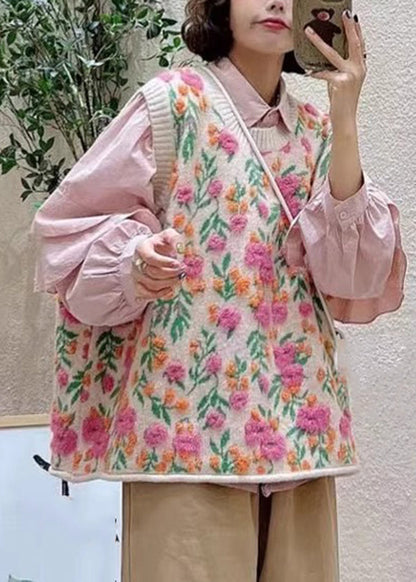 Pink O-neck Embroideried Knit Waistcoat Sleeveless