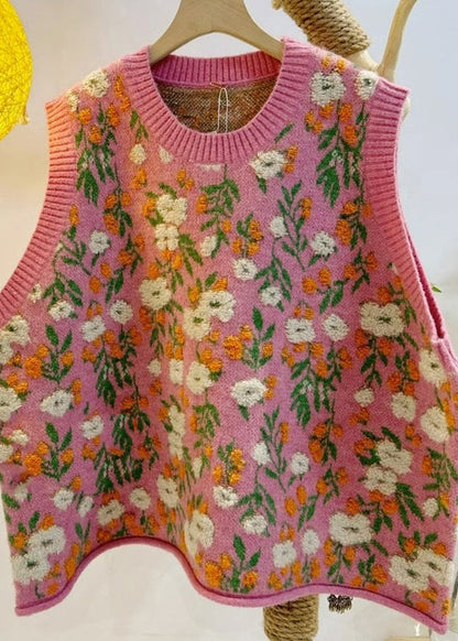 Pink O-neck Embroideried Knit Waistcoat Sleeveless