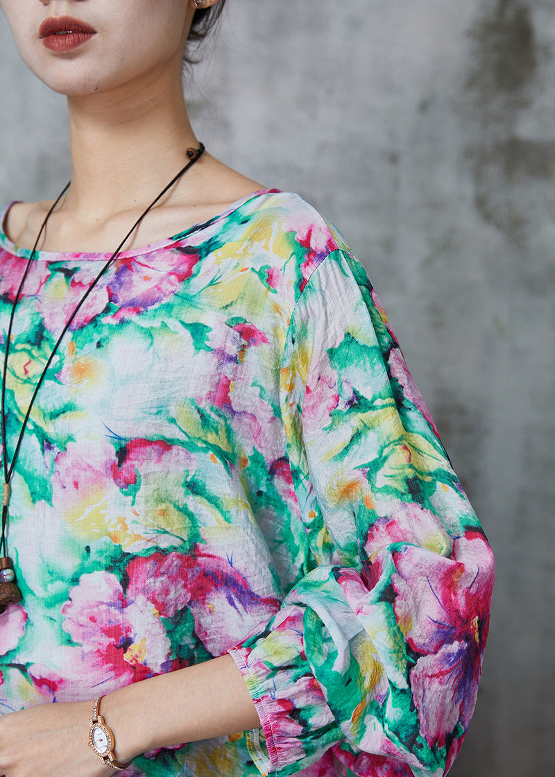 Pink O-neck Print Linen Blouses Summer