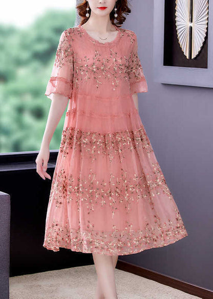 Pink O-neck Patchwork Print Tulle Party Dress Summer