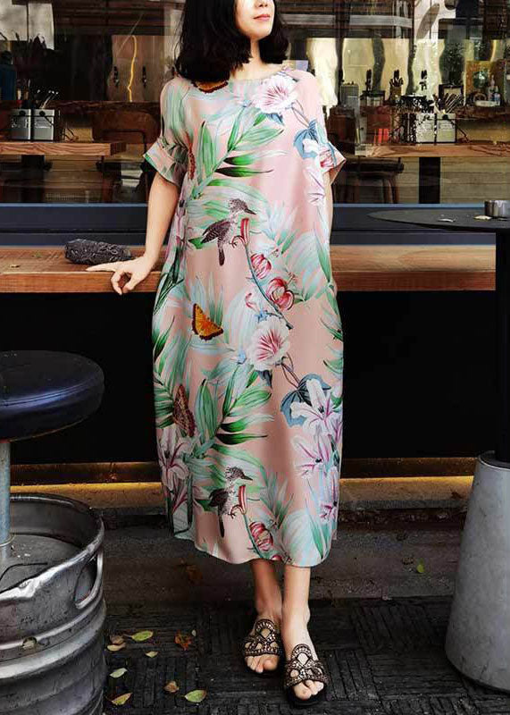 Pink O-neck Print Party Dress Summer