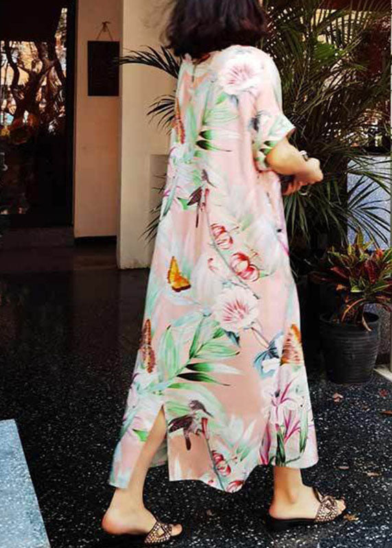 Pink O-neck Print Party Dress Summer