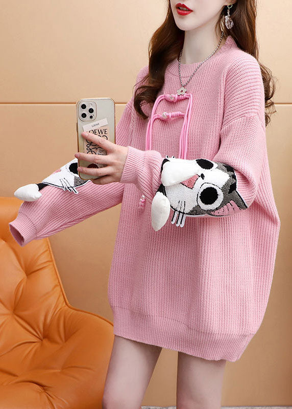 Pink Original Design Jacquard Cozy Knitted Long Sweater Winter