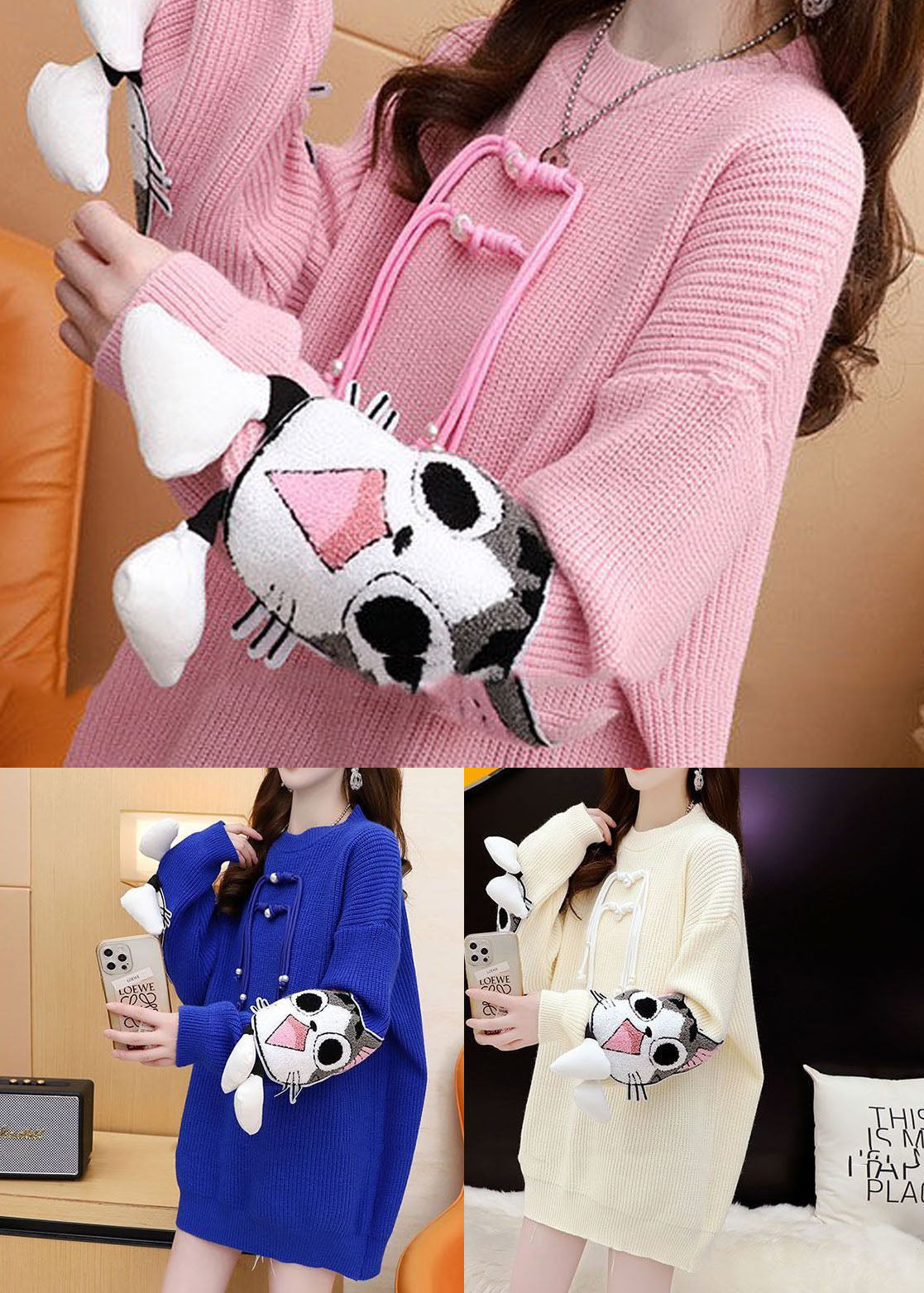 Pink Original Design Jacquard Cozy Knitted Long Sweater Winter