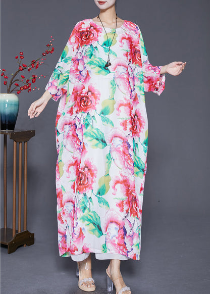 Pink Oversized Print Cotton Dress Batwing Sleeve