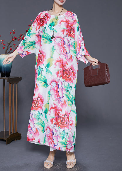 Pink Oversized Print Cotton Dress Batwing Sleeve