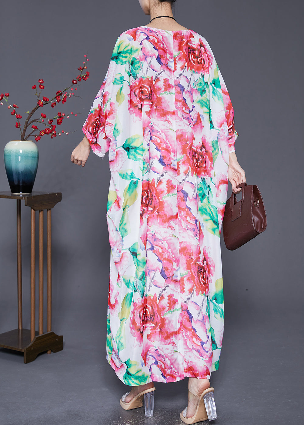 Pink Oversized Print Cotton Dress Batwing Sleeve
