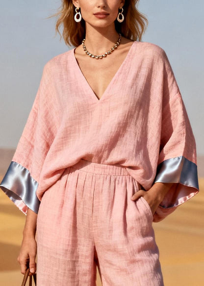 Pink Oversized Patchwork Linen Silk Two Pieces Set Spring