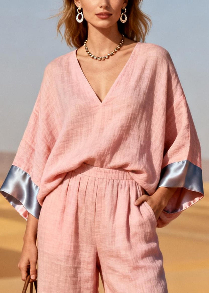 Pink Oversized Patchwork Linen Silk Two Pieces Set Spring