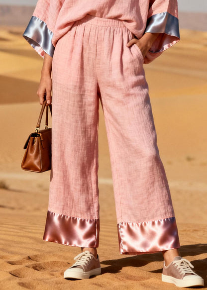 Pink Oversized Patchwork Linen Silk Two Pieces Set Spring
