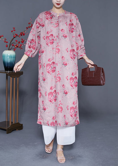 Pink Oversized Print Linen Long Dresses Lantern Sleeve
