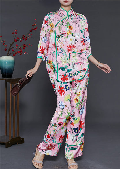 Pink Oversized Print Silk Oriental Two Pieces Set Spring