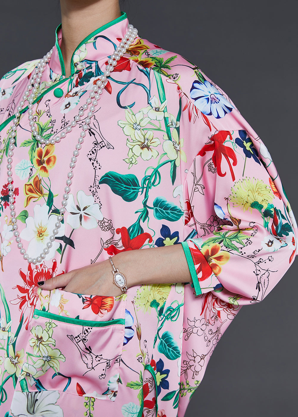 Pink Oversized Print Silk Oriental Two Pieces Set Spring