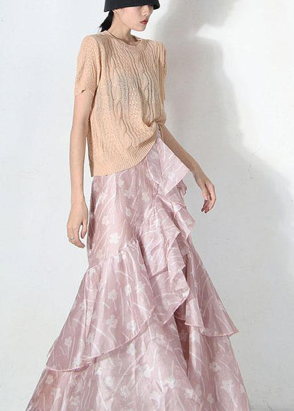 Pink Print Summer Ruffles Low High Design Skirt