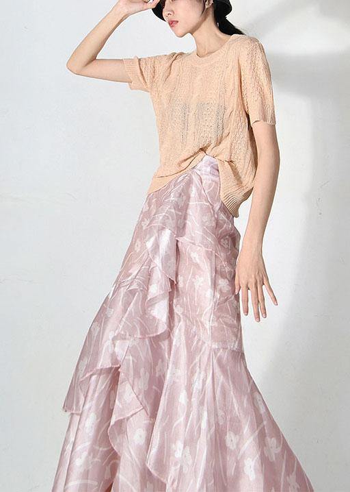 Pink Print Summer Ruffles Low High Design Skirt
