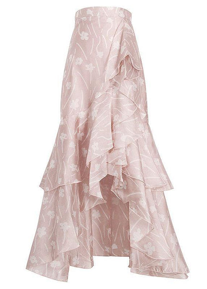 Pink Print Summer Ruffles Low High Design Skirt