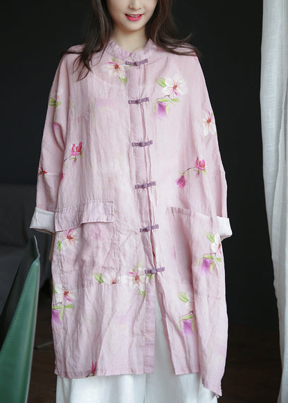 Pink Stand Collar Print Button Ramie Long Coats Spring