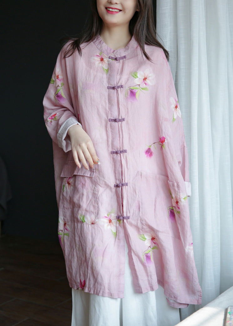 Pink Stand Collar Print Button Ramie Long Coats Spring