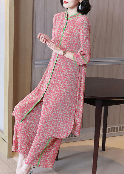 Pink Stand Collar Print Silk Long Shirts and Wide Leg Pants Two-piece Set