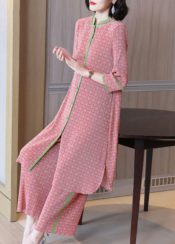 Pink Stand Collar Print Silk Long Shirts and Wide Leg Pants Two-piece Set