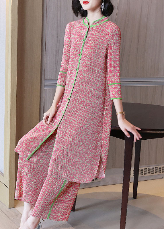 Pink Stand Collar Print Silk Long Shirts and Wide Leg Pants Two-piece Set